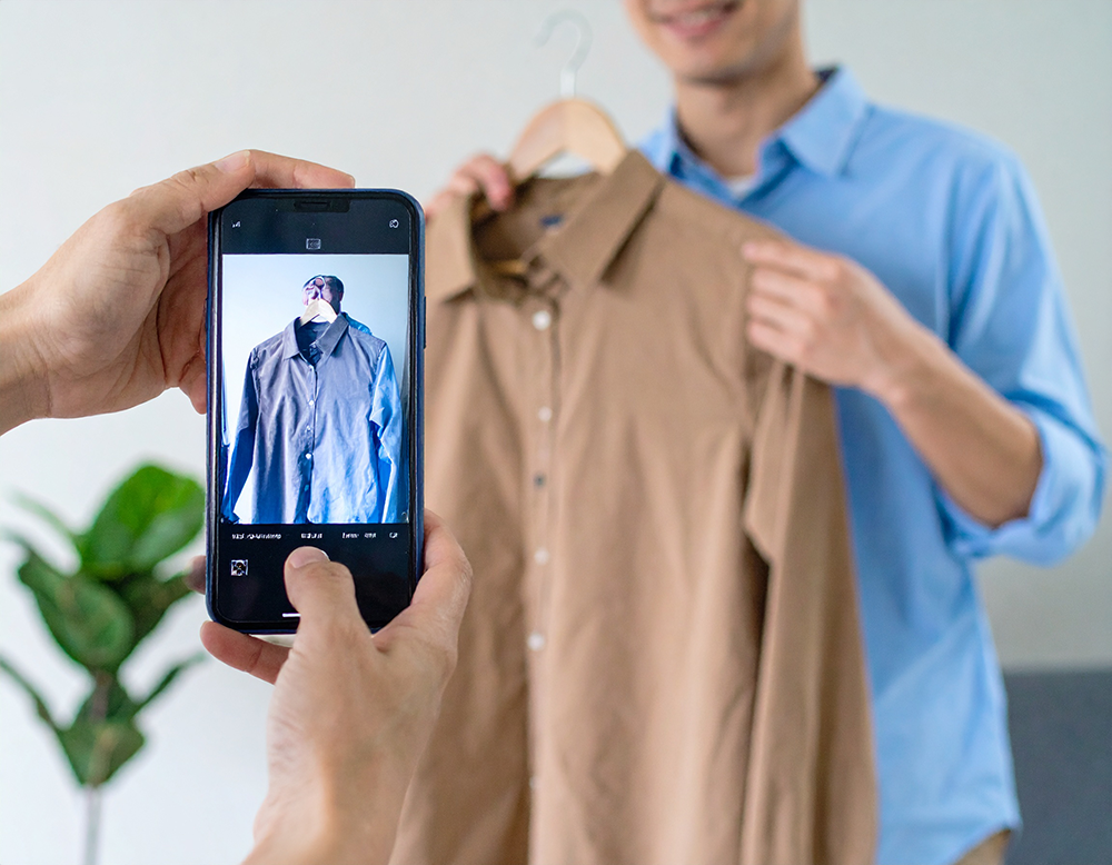 スマートフォンでハンガーにかかった洋服を撮影する様子。