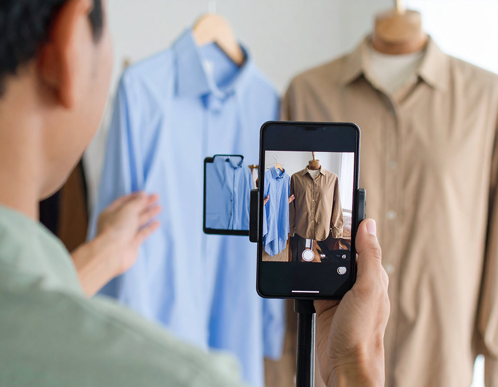 スマートフォンでハンガーにかかった洋服を撮影する男性。
