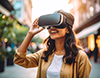 街中でVRゴーグルを装着し、仮想現実を楽しむ笑顔の女性。