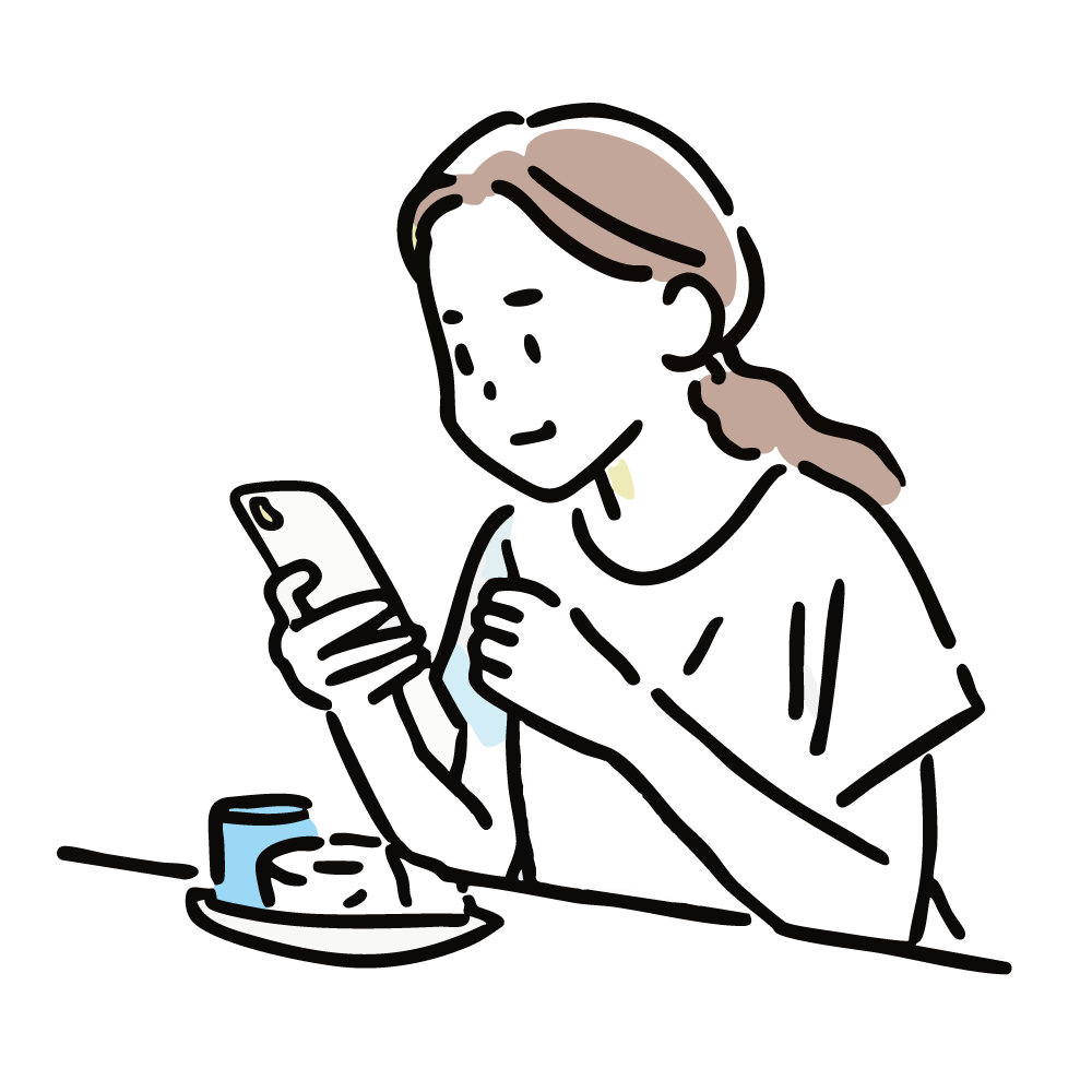 カフェで食事をしながらスマートフォンを操作する女性のイラスト