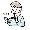 食事をしながらスマートフォンを操作して笑顔の女性のイラスト