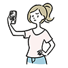 不満げな表情でスマートフォンを使って自撮りをする女性のイラスト