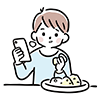 食事をしながらスマートフォンを見て驚いている男性のイラスト