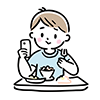 食事をしながらスマートフォンを操作して笑顔の男性のイラスト
