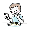 食事をしながらスマートフォンを操作して笑顔の男性のイラスト