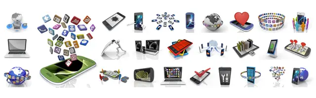 画面から飛び出す多数のアプリアイコン、地図ナビゲーション、SNSで繋がる人々、モバイルゲーム、充電スタンド、画面割れの修理など、スマートフォンの多様な機能と利用シーンを網羅した3Dアイコン。アプリ開発やモバイルサービスの紹介に適したバリエーション。