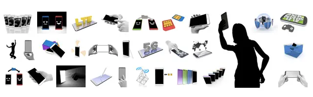 5GやLTEのロゴ、SIMカード、水没実験などのハードウェア機能に加え、自撮りする女性のシルエット、データ移行、ゲーム操作、手描き入力など、スマホの具体的な使用状況を描いた3D素材。モバイル通信規格や端末スペック、ユーザーの操作解説に使えるカット集。