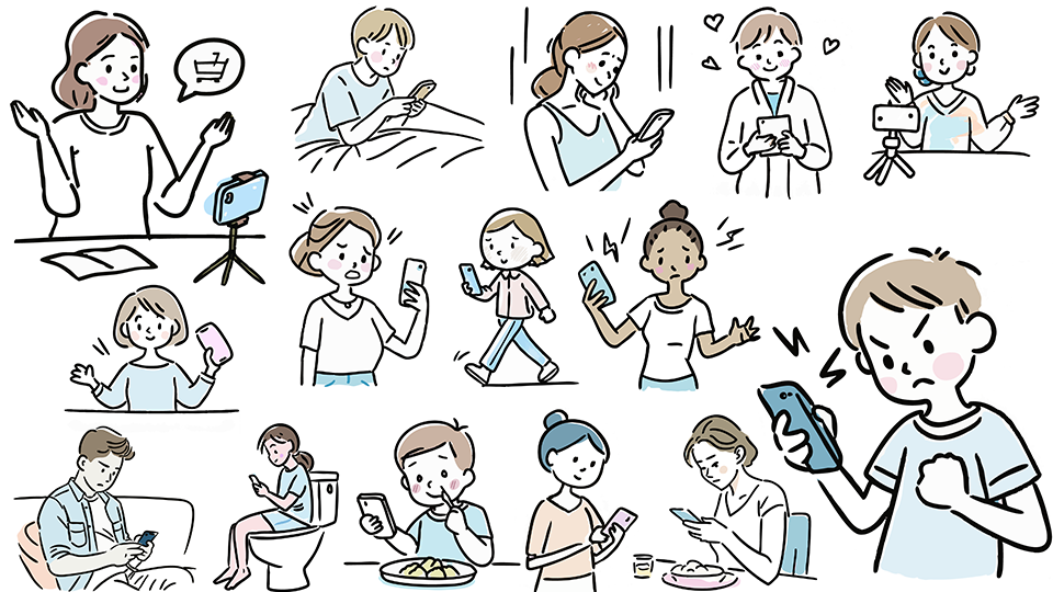 スマートフォンを使うさまざまな人物の日常生活シーンのイラスト